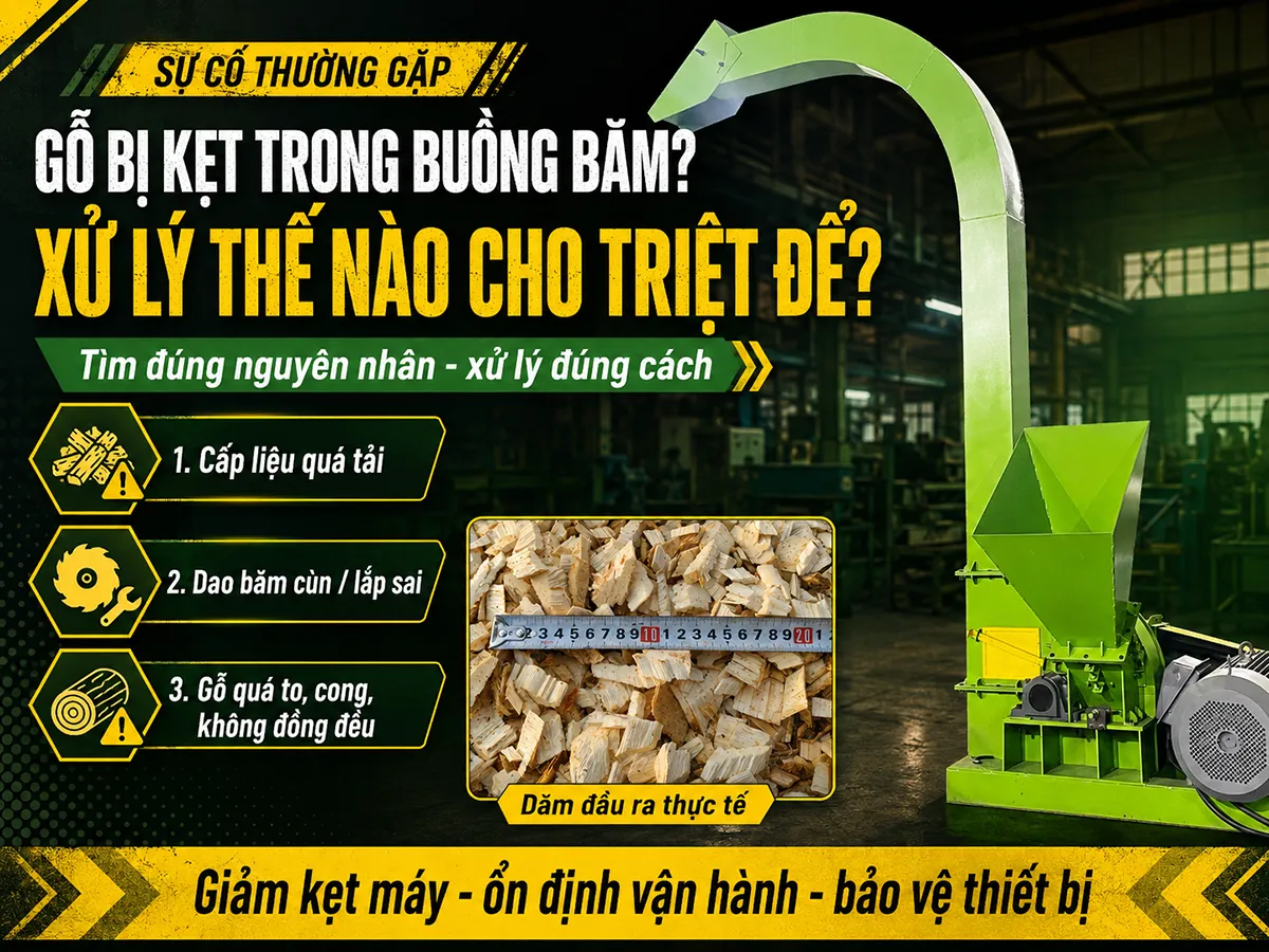 Khắc phục lỗi kẹt gỗ trong buồng băm dăm là bước quan trọng giúp máy vận hành ổn định và tránh gián đoạn sản xuất.