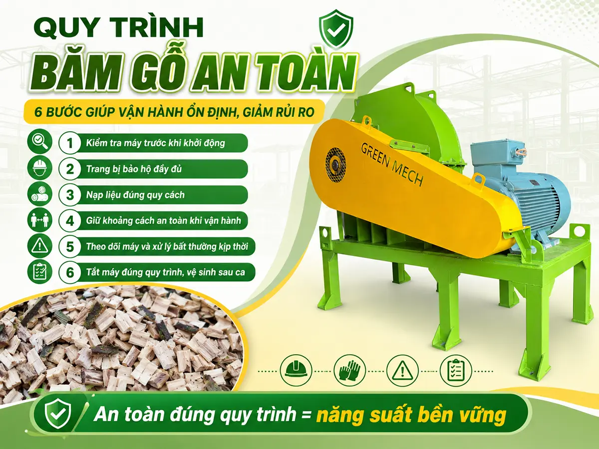 Thực hiện đúng quy trình băm gỗ an toàn giúp giảm thiểu rủi ro và nâng cao hiệu quả sản xuất.