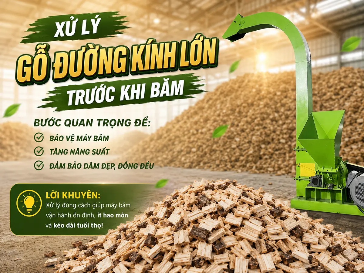 Xử lý gỗ đường kính lớn trước khi băm giúp hạn chế quá tải và bảo vệ hệ thống dao của máy.
