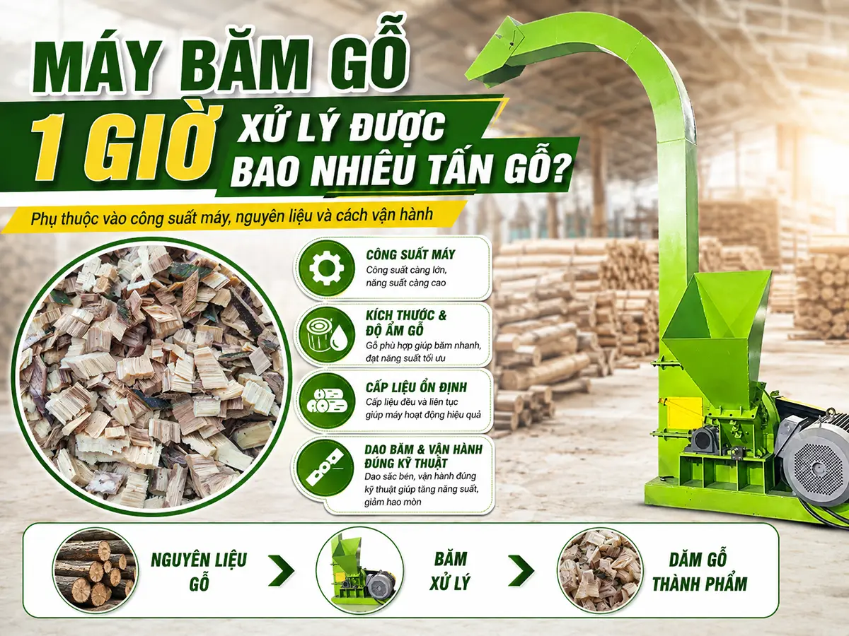 Máy băm gỗ 1 giờ xử lý được bao nhiêu tấn gỗ là câu hỏi quan trọng giúp doanh nghiệp lựa chọn công suất máy phù hợp với nhu cầu sản xuất.