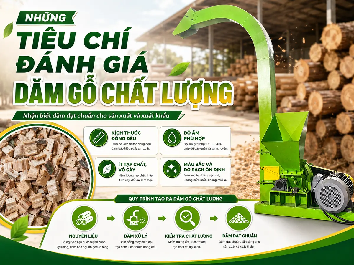 Những tiêu chí đánh giá dăm gỗ chất lượng gồm kích thước, độ ẩm, độ sạch và mức độ đồng đều của thành phẩm.