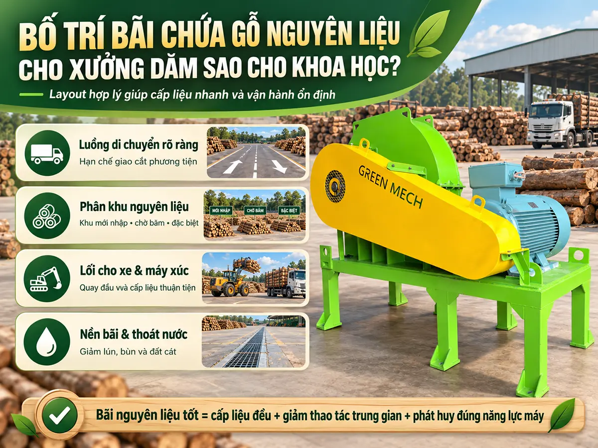 Cách bố trí bãi chứa gỗ nguyên liệu cho xưởng dăm cần được tính đồng bộ với đường vận chuyển và khu vực máy băm.
