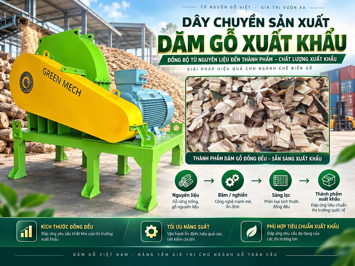 Dây chuyền sản xuất dăm gỗ xuất khẩu cần đồng bộ từ nguồn gỗ đến giao hàng. Tìm hiểu cách chọn thiết bị, kiểm soát dăm đạt và chốt phạm vi nghiệm thu.